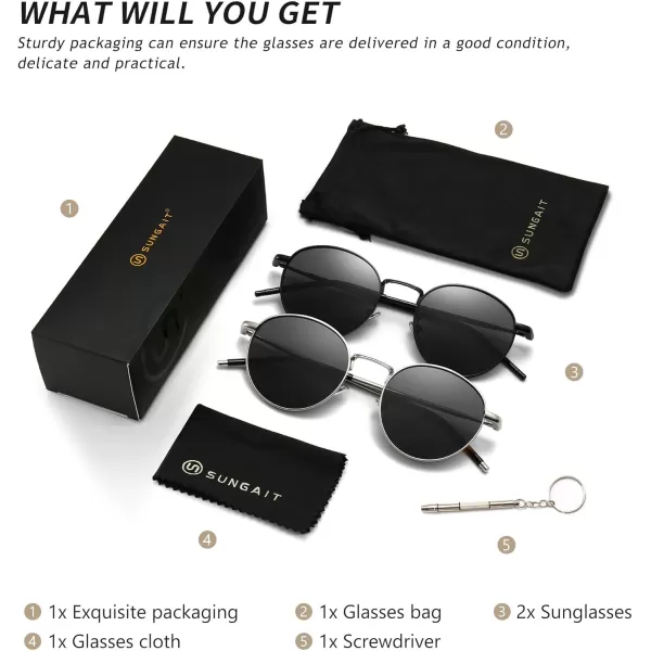 SUNGAIT Ponderable Metal Round Sunglasses for Men Women Classic Vintage Polarized Circle Sun Glasses2 Pack Polarized BlackGraysilver Gray