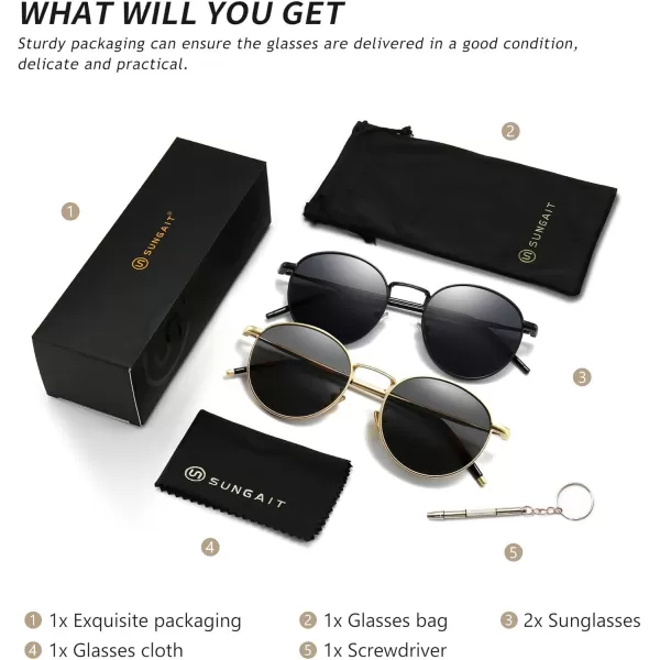 SUNGAIT Ponderable Metal Round Sunglasses for Men Women Classic Vintage Polarized Circle Sun Glasses2 Pack Polarized GoldGrayblackGray