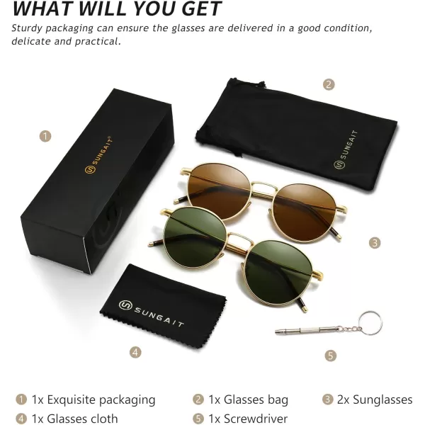 SUNGAIT Ponderable Metal Round Sunglasses for Men Women Classic Vintage Polarized Circle Sun Glasses2 Pack PolarizedgoldGreengoldBrown