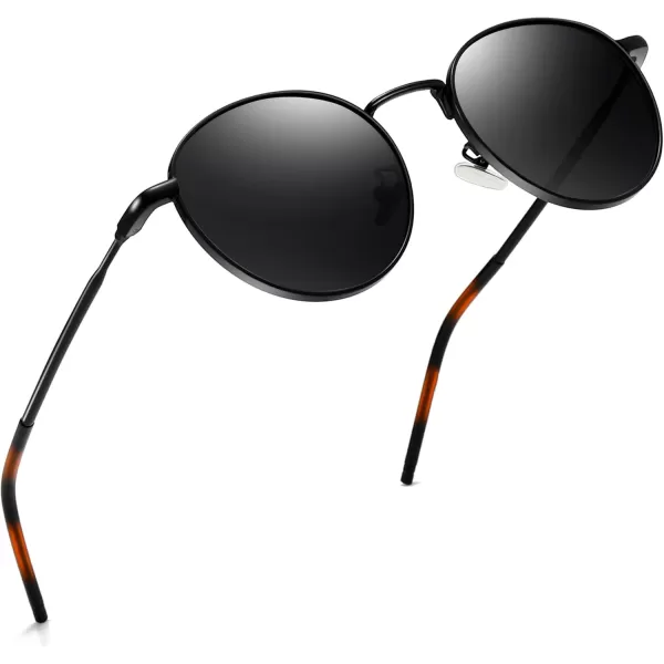 SUNGAIT Ponderable Metal Round Sunglasses for Men Women Classic Vintage Polarized Circle Sun GlassesBlack FramePolarized Gray Lens