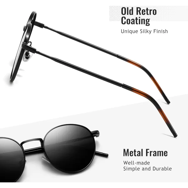SUNGAIT Ponderable Metal Round Sunglasses for Men Women Classic Vintage Polarized Circle Sun GlassesBlack FramePolarized Gray Lens