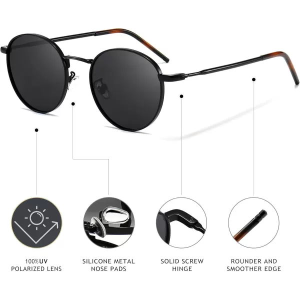SUNGAIT Ponderable Metal Round Sunglasses for Men Women Classic Vintage Polarized Circle Sun GlassesBlack FramePolarized Gray Lens