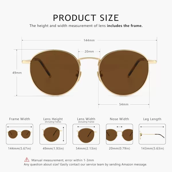 SUNGAIT Ponderable Metal Round Sunglasses for Men Women Classic Vintage Polarized Circle Sun GlassesGold FramePolarized Brown Lens