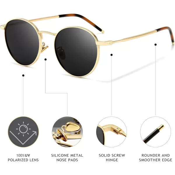 SUNGAIT Ponderable Metal Round Sunglasses for Men Women Classic Vintage Polarized Circle Sun GlassesGold FramePolarized Gray Lens