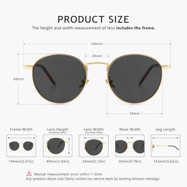 SUNGAIT Ponderable Metal Round Sunglasses for Men Women Classic Vintage Polarized Circle Sun GlassesGold FramePolarized Gray Lens