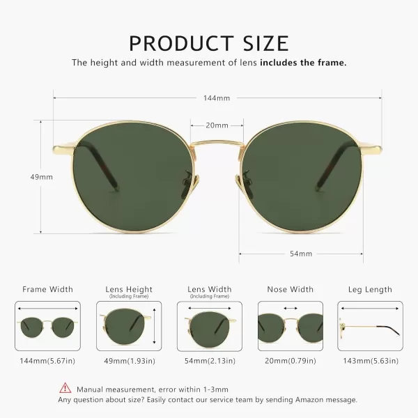 SUNGAIT Ponderable Metal Round Sunglasses for Men Women Classic Vintage Polarized Circle Sun GlassesGold FramePolarized Green Lens