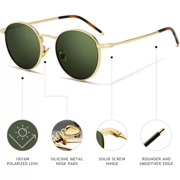 SUNGAIT Ponderable Metal Round Sunglasses for Men Women Classic Vintage Polarized Circle Sun GlassesGold FramePolarized Green Lens