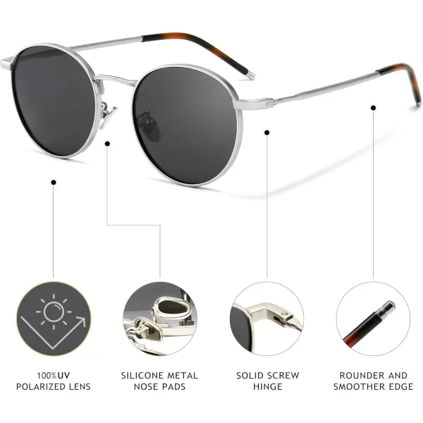 SUNGAIT Ponderable Metal Round Sunglasses for Men Women Classic Vintage Polarized Circle Sun GlassesSilver FramePolarized Gray Lens