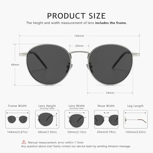 SUNGAIT Ponderable Metal Round Sunglasses for Men Women Classic Vintage Polarized Circle Sun GlassesSilver FramePolarized Gray Lens