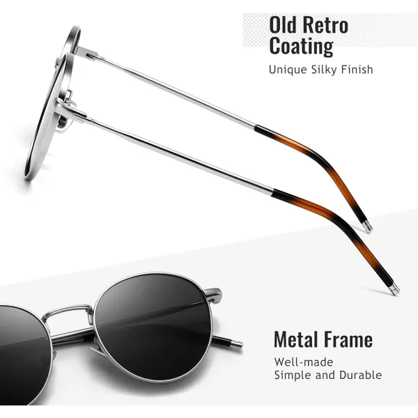 SUNGAIT Ponderable Metal Round Sunglasses for Men Women Classic Vintage Polarized Circle Sun GlassesSilver FramePolarized Gray Lens