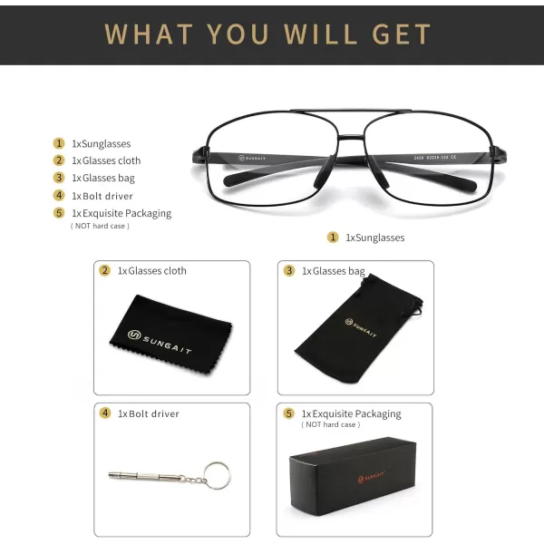 SUNGAIT Rectangular Nonprescription Clear Glasses Aviator Night Driving Glasses HD Lens for Men458 Black FrameClear Lens