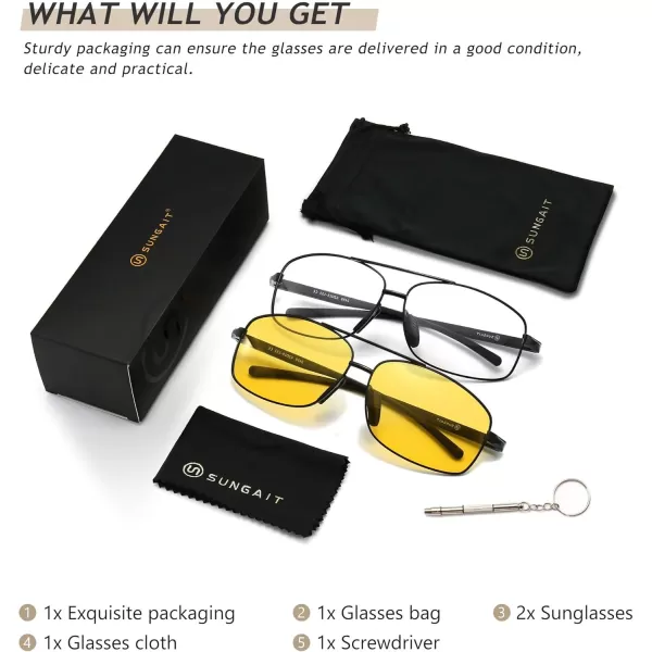 SUNGAIT Rectangular Nonprescription Clear Glasses Aviator Night Driving Glasses HD Lens for Men458 BlackYellow  BlackClear