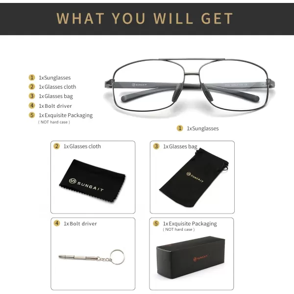 SUNGAIT Rectangular Nonprescription Clear Glasses Aviator Night Driving Glasses HD Lens for Men458 Gunmetal FrameClear Lens