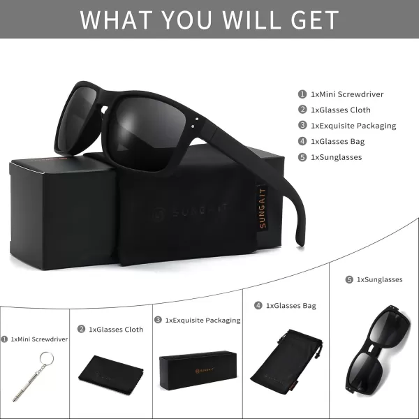 SUNGAIT Square Polarized Sunglasses Men Sports Driving Fishing Glasses UV400 Protection2024 Black Framematte FinishGrey Lens