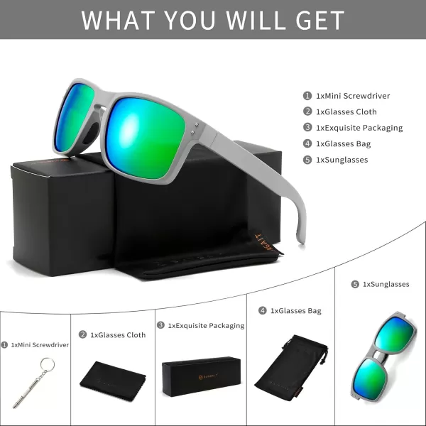 SUNGAIT Square Polarized Sunglasses Men Sports Driving Fishing Glasses UV400 ProtectionLightgray Framematte Finish Emerald Lens