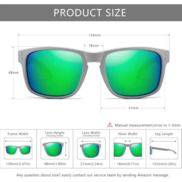SUNGAIT Square Polarized Sunglasses Men Sports Driving Fishing Glasses UV400 ProtectionLightgray Framematte Finish Emerald Lens