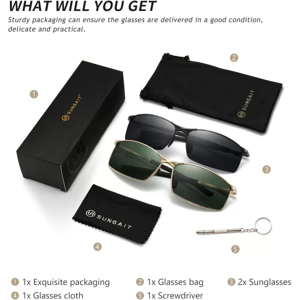 SUNGAIT Ultra Lightweight Polarized Sunglasses Men Rectangular Metal Frame with Spring Hinge2 Pack BlackGray  GoldDark Green