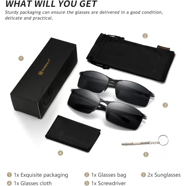 SUNGAIT Ultra Lightweight Polarized Sunglasses Men Rectangular Metal Frame with Spring Hinge2 Pack BlackGray  GunmetalGray