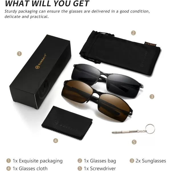 SUNGAIT Ultra Lightweight Polarized Sunglasses Men Rectangular Metal Frame with Spring Hinge2 Pack GunmetalGray  BlackBrown