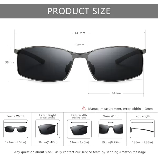 SUNGAIT Ultra Lightweight Polarized Sunglasses Men Rectangular Metal Frame with Spring Hinge2024 Gunmetal Frame Gray Lens