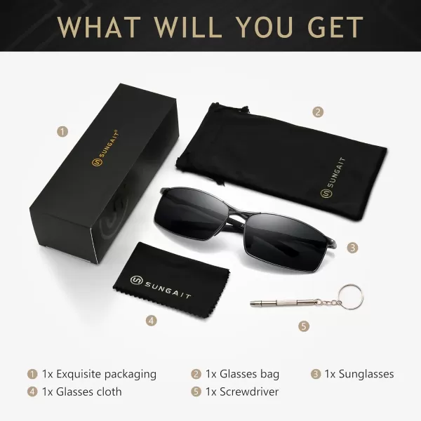 SUNGAIT Ultra Lightweight Polarized Sunglasses Men Rectangular Metal Frame with Spring Hinge2024 Gunmetal Frame Gray Lens