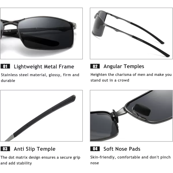 SUNGAIT Ultra Lightweight Polarized Sunglasses Men Rectangular Metal Frame with Spring Hinge2024 Gunmetal Frame Gray Lens