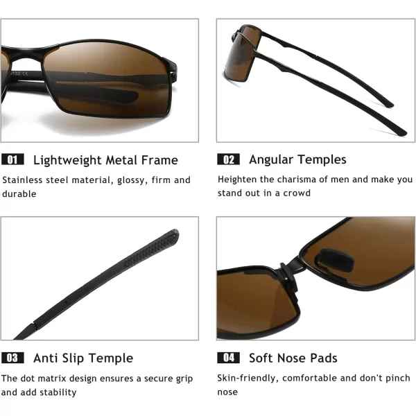 SUNGAIT Ultra Lightweight Polarized Sunglasses Men Rectangular Metal Frame with Spring HingeBlack Frame Brown Lens