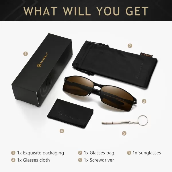 SUNGAIT Ultra Lightweight Polarized Sunglasses Men Rectangular Metal Frame with Spring HingeBlack Frame Brown Lens