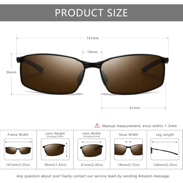 SUNGAIT Ultra Lightweight Polarized Sunglasses Men Rectangular Metal Frame with Spring HingeBlack Frame Brown Lens