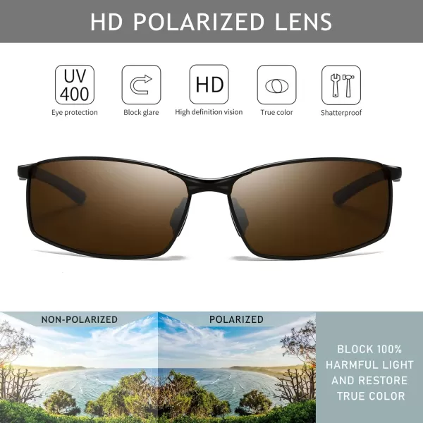 SUNGAIT Ultra Lightweight Polarized Sunglasses Men Rectangular Metal Frame with Spring HingeBlack Frame Brown Lens