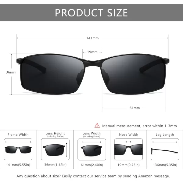 SUNGAIT Ultra Lightweight Polarized Sunglasses Men Rectangular Metal Frame with Spring HingeBlack Frame Gray Lens