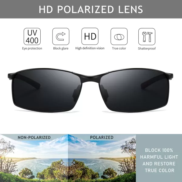 SUNGAIT Ultra Lightweight Polarized Sunglasses Men Rectangular Metal Frame with Spring HingeBlack Frame Gray Lens