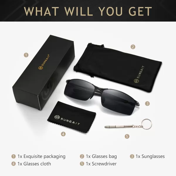 SUNGAIT Ultra Lightweight Polarized Sunglasses Men Rectangular Metal Frame with Spring HingeBlack Frame Gray Lens