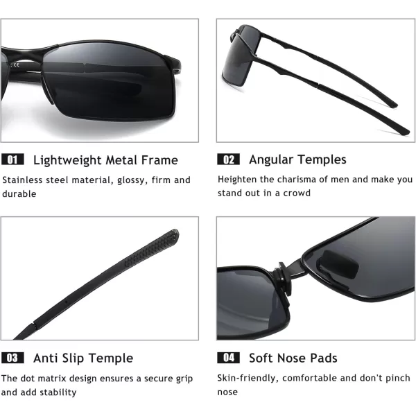 SUNGAIT Ultra Lightweight Polarized Sunglasses Men Rectangular Metal Frame with Spring HingeBlack Frame Gray Lens