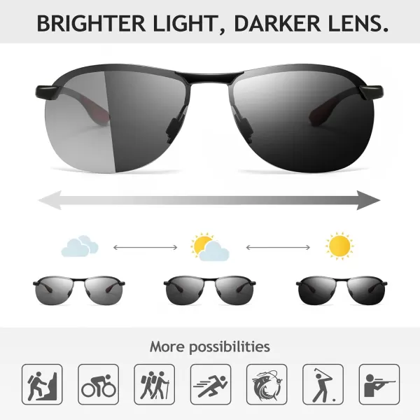 SUNGAIT Ultra Lightweight Polarized Sunglasses Men Rectangular Metal Frame with Spring HingeBlack FramePhotochromic Polarized Lens