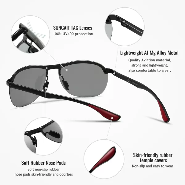 SUNGAIT Ultra Lightweight Polarized Sunglasses Men Rectangular Metal Frame with Spring HingeBlack FramePhotochromic Polarized Lens