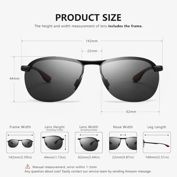 SUNGAIT Ultra Lightweight Polarized Sunglasses Men Rectangular Metal Frame with Spring HingeBlack FramePhotochromic Polarized Lens