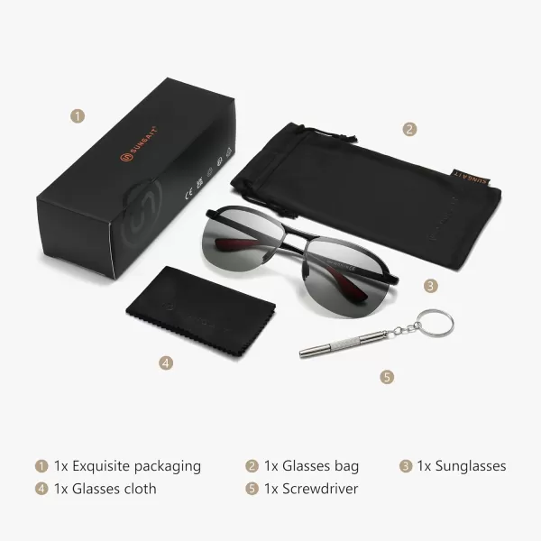 SUNGAIT Ultra Lightweight Polarized Sunglasses Men Rectangular Metal Frame with Spring HingeBlack FramePhotochromic Polarized Lens