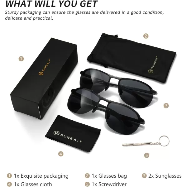SUNGAIT Ultra Lightweight Polarized Sunglasses Men Rectangular Metal Frame with Spring HingeBlack Grey GunmetalGrey