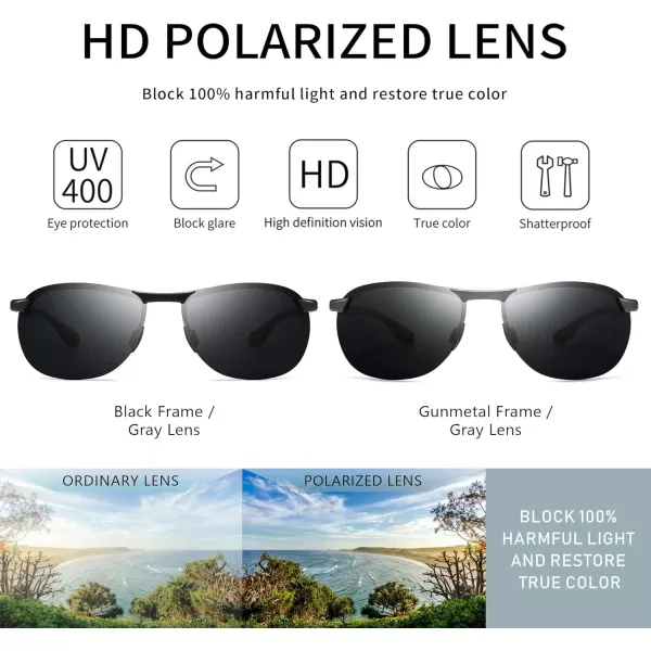 SUNGAIT Ultra Lightweight Polarized Sunglasses Men Rectangular Metal Frame with Spring HingeBlack Grey GunmetalGrey