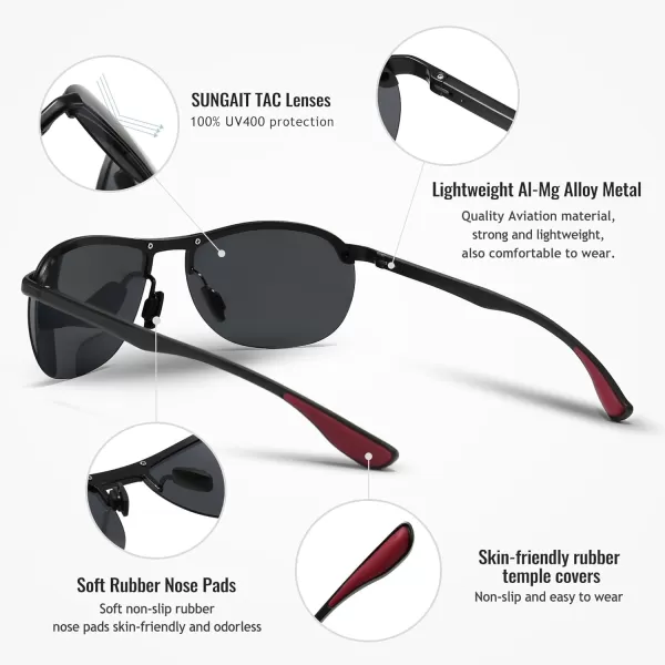SUNGAIT Ultra Lightweight Polarized Sunglasses Men Rectangular Metal Frame with Spring HingeBlack Grey GunmetalGrey