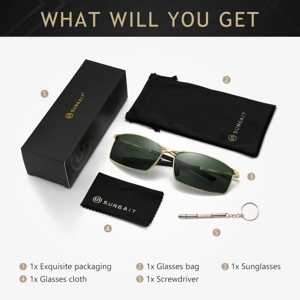SUNGAIT Ultra Lightweight Polarized Sunglasses Men Rectangular Metal Frame with Spring HingeGold Frame Green Lens