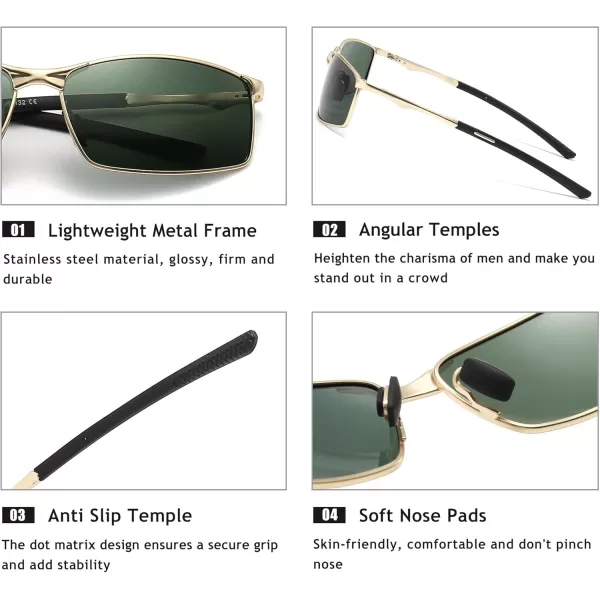 SUNGAIT Ultra Lightweight Polarized Sunglasses Men Rectangular Metal Frame with Spring HingeGold Frame Green Lens