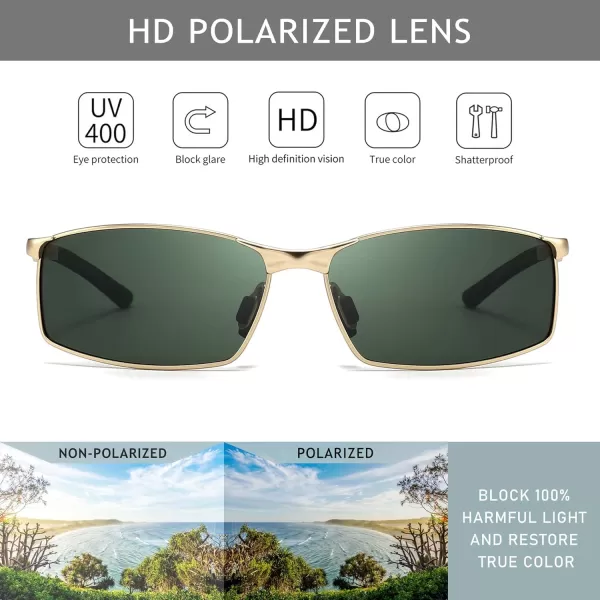 SUNGAIT Ultra Lightweight Polarized Sunglasses Men Rectangular Metal Frame with Spring HingeGold Frame Green Lens