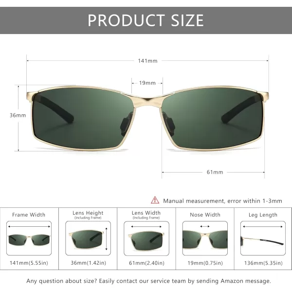 SUNGAIT Ultra Lightweight Polarized Sunglasses Men Rectangular Metal Frame with Spring HingeGold Frame Green Lens