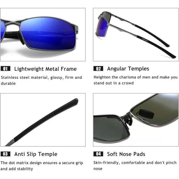 SUNGAIT Ultra Lightweight Polarized Sunglasses Men Rectangular Metal Frame with Spring HingeGunmetal Frame Ocean Blue Mirrored Lens