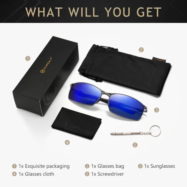 SUNGAIT Ultra Lightweight Polarized Sunglasses Men Rectangular Metal Frame with Spring HingeGunmetal Frame Ocean Blue Mirrored Lens