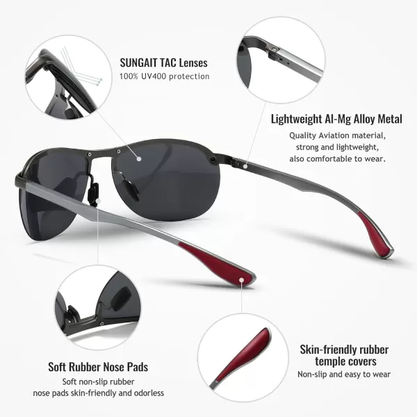 SUNGAIT Ultra Lightweight Polarized Sunglasses Men Rectangular Metal Frame with Spring HingeGunmetal FrameGrey Lens