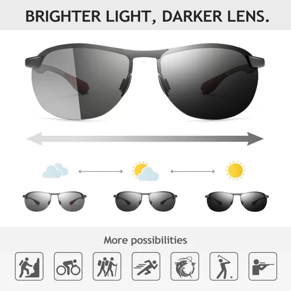SUNGAIT Ultra Lightweight Polarized Sunglasses Men Rectangular Metal Frame with Spring HingeGunmetal FramePhotochromic Polarized Lens