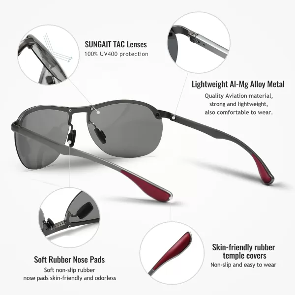 SUNGAIT Ultra Lightweight Polarized Sunglasses Men Rectangular Metal Frame with Spring HingeGunmetal FramePhotochromic Polarized Lens